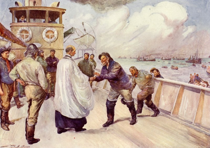 Pescatori della flotta peschereccia del Mare del Nord che si radunano per il culto da John Henry Frederick (after) Bacon