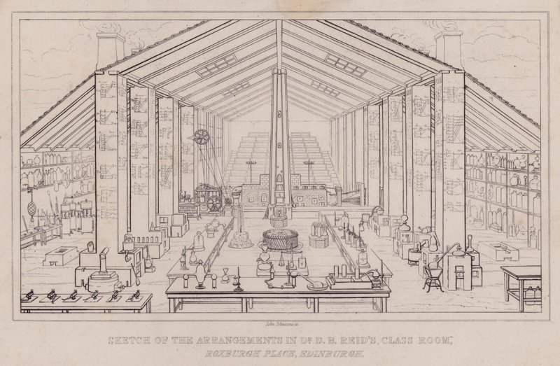Schizzo delle disposizioni nella classe del Dr D B Reid, Roxburgh Place, Edimburgo (incisione) da John Johnstone