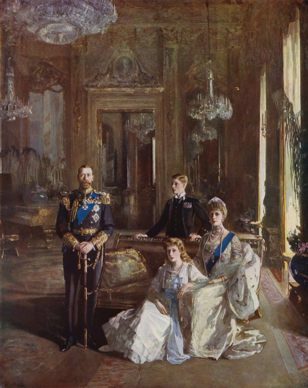 Re Giorgio V, la regina Maria, il principe di Galles e la principessa Maria nella White Drawing Room, Buckingham Palace, Londra, 1913 da John Lavery