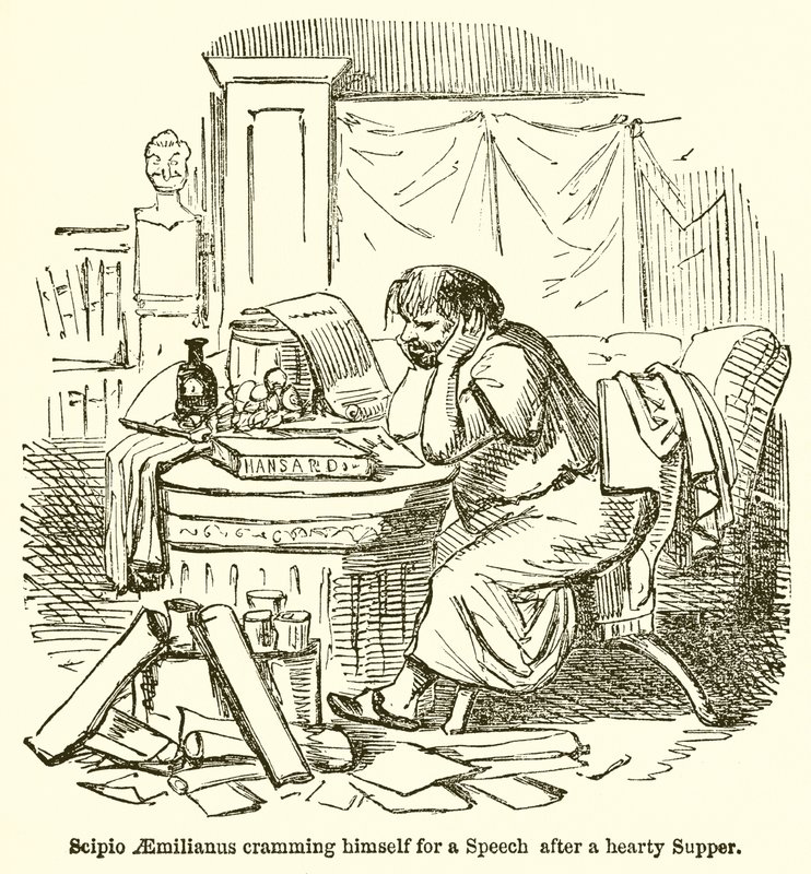 Scipione Emiliano che si prepara per un discorso dopo una cena abbondante da John Leech