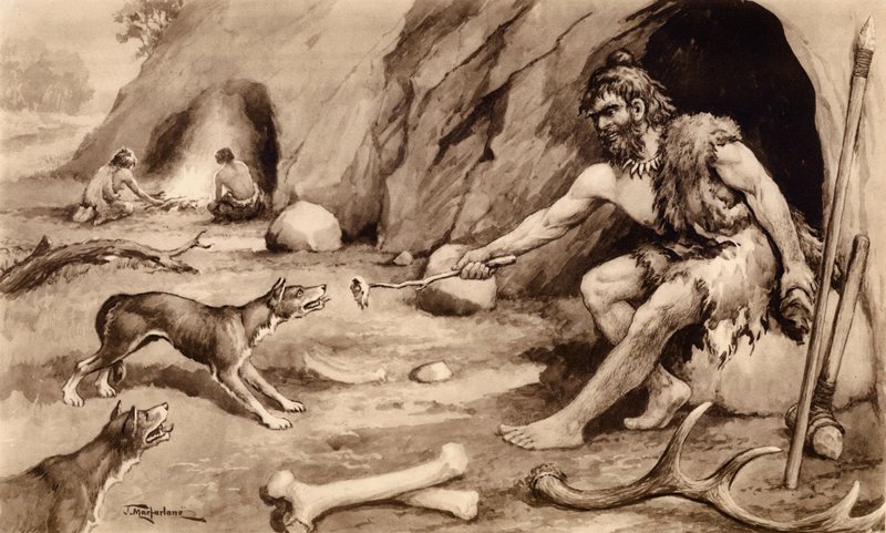 Uomo delle caverne che nutre il cane da John Macfarlane