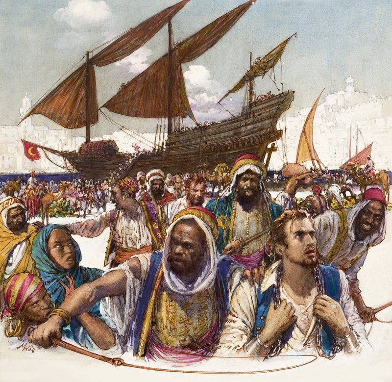 Prigionieri arabi condotti in catene dalle banchine, con dhow sullo sfondo da John Millar Watt