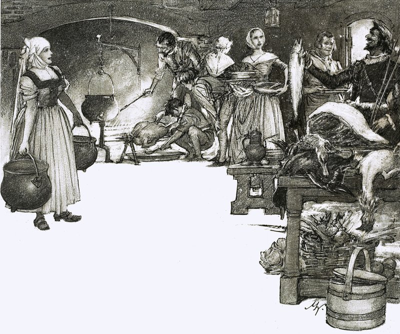 Cucinare su un fuoco aperto in una cucina elisabettiana da John Millar Watt