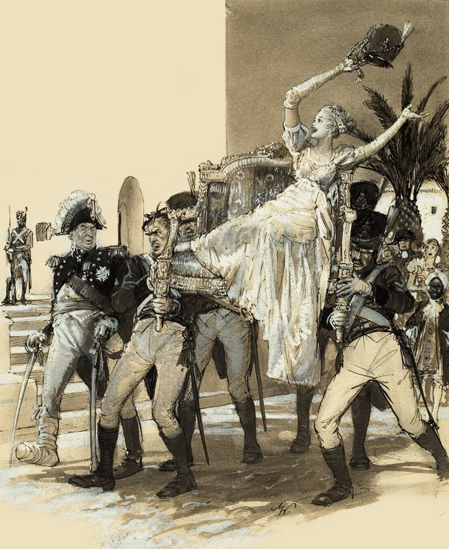 Ragazza trasportata dai soldati (gouache su carta) da John Millar Watt