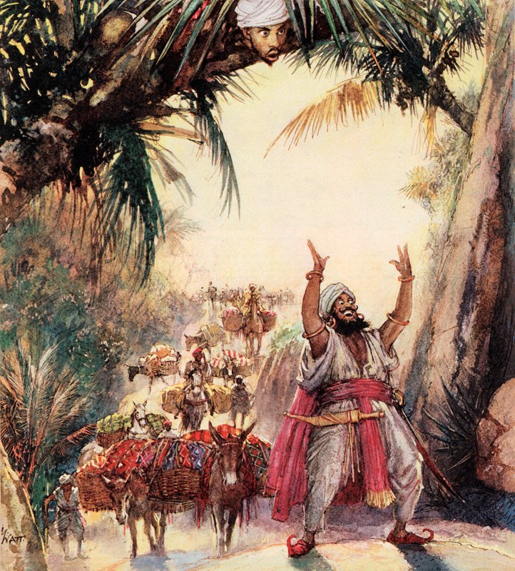 Come Ali Baba incontrò i quaranta ladroni (litografia a colori) da John Millar Watt