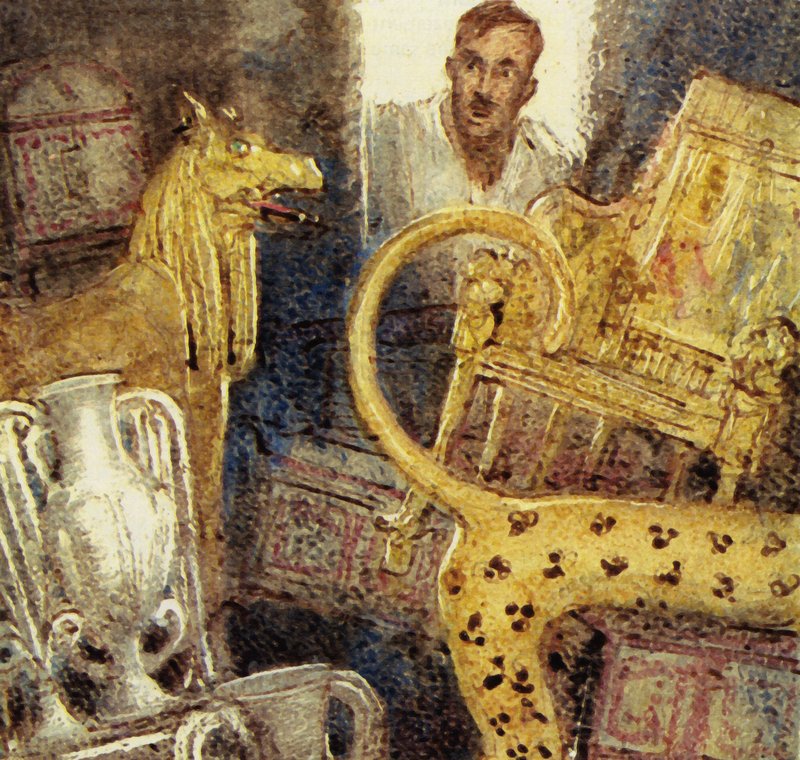 Howard Carter scopre la camera funeraria perduta di Tutankhamon (litografia a colori) da John Millar Watt