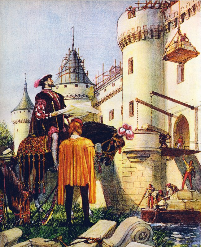 Re Francesco I di Francia, sovrintende alla costruzione di castelli (litografia a colori) da John Millar Watt
