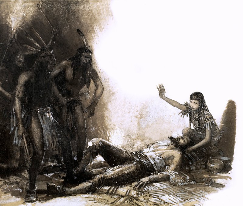 Pocahontas interviene per salvare la vita del capitano Smith (gouache su carta) da John Millar Watt