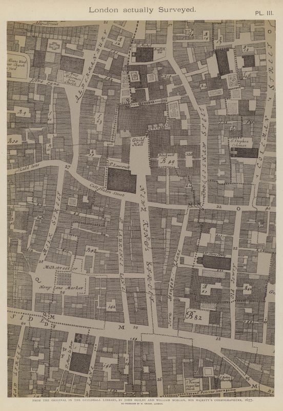 Mappa di una parte della Città di Londra, che mostra la posizione di Guildhall da John Ogilby
