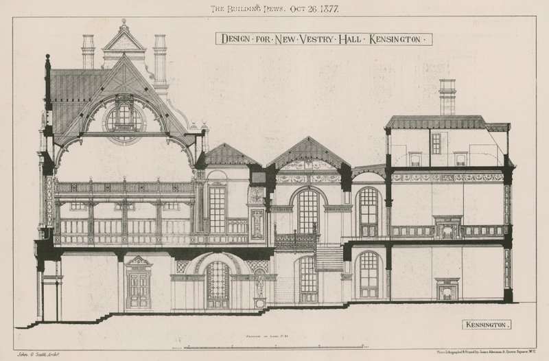 Progetto per la nuova sala parrocchiale, Kensington da John Oldrid Scott