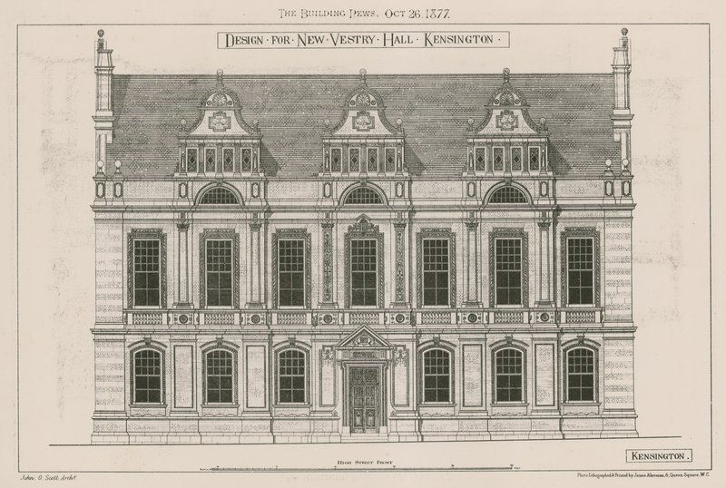 Progetto per la nuova sala parrocchiale, Kensington, Londra da John Oldrid Scott