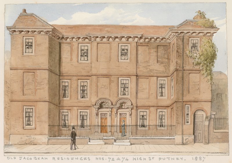 Vecchie residenze giacobine, n. 72 e 74, High Street, Putney, Londra, 1887 da John Phillipp Emslie