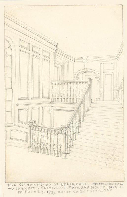 La continuazione della scala, dalla sala ai piani superiori, di Fairfax House, High Street, Putney, 1887 da John Phillipp Emslie