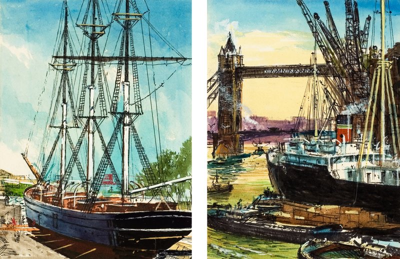 Una nave alta nel basso corso del Tamigi e una nave da carico a vapore vicino al Tower Bridge (gouache su carta) da John S. Smith