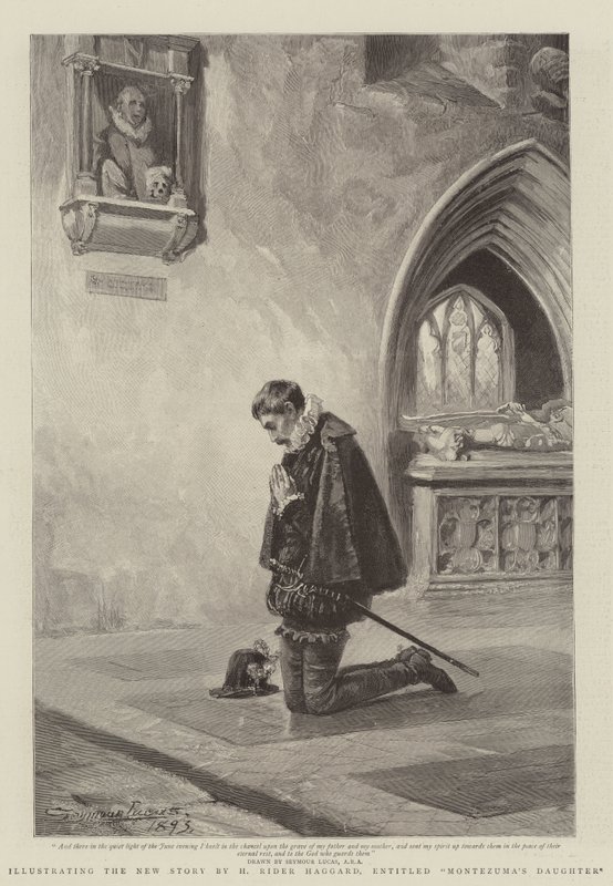 Illustrazione della nuova storia di H Rider Haggard, intitolata La figlia di Montezuma da John Seymour Lucas