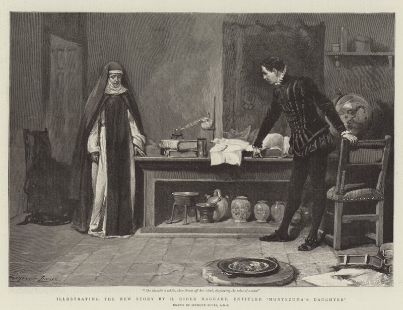 Illustrazione della nuova storia di H Rider Haggard, intitolata La figlia di Montezuma da John Seymour Lucas