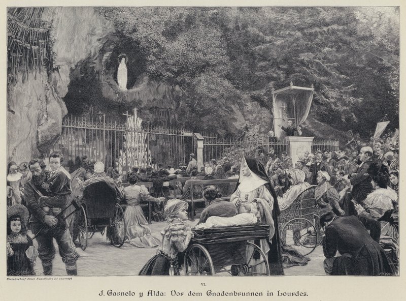 Grotta di Massabielle, Lourdes, Francia (incisione) da Jose Garnelo y Alda