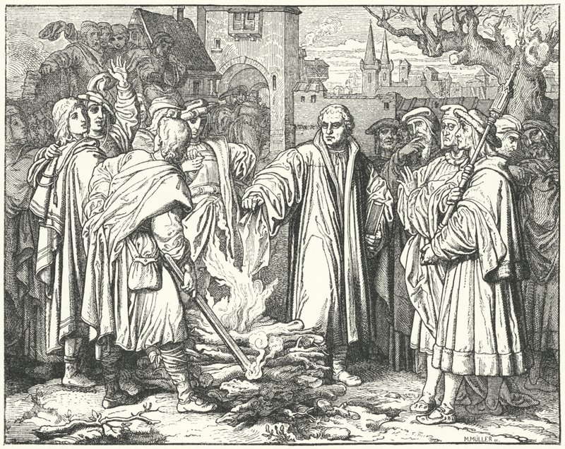 Martin Lutero brucia la bolla papale a Wittenberg, 1520 da Josef Mathias Trenkwald