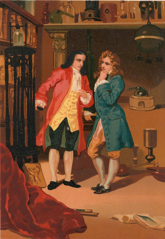 Robert Boyle e Denis Papin ispezionano il digeritore a vapore di Papin da Josep or Jose Planella Coromina