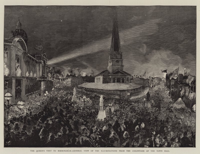 La visita della regina a Birmingham, vista generale delle illuminazioni dalla colonnata del municipio da Joseph Finnemore