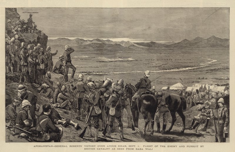 Afghanistan, Vittoria del Generale Roberts su Ayoub Khan, 1 settembre, fuga del nemico e inseguimento da parte della cavalleria britannica vista da Baba Wali da Joseph Nash