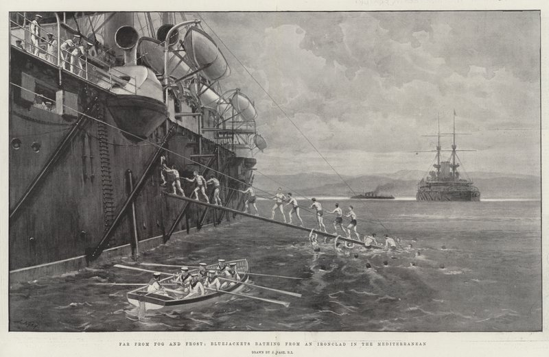 Lontano dalla nebbia e dal gelo, marinai che fanno il bagno da una corazzata nel Mediterraneo da Joseph Nash