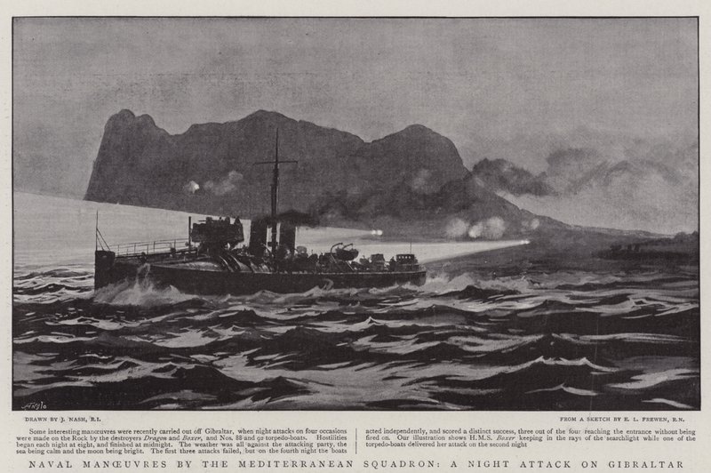 Manovre navali della squadra del Mediterraneo, un attacco notturno a Gibilterra da Joseph Nash
