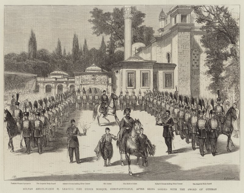 Il sultano Abd-ul-Hamid II che lascia la Moschea di Eyoub, Costantinopoli, dopo essere stato cinto con la Spada di Othman da Joseph Nash