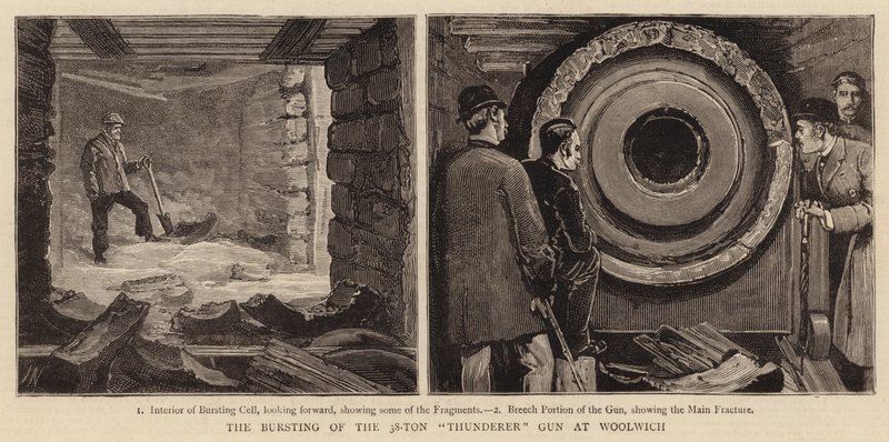 Lo scoppio del cannone Thunderer da 38 tonnellate a Woolwich da Joseph Nash