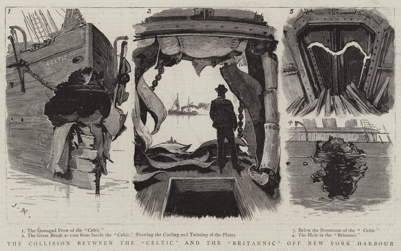 La collisione tra il Celtic e il Britannic al largo del porto di New York da Joseph Nash