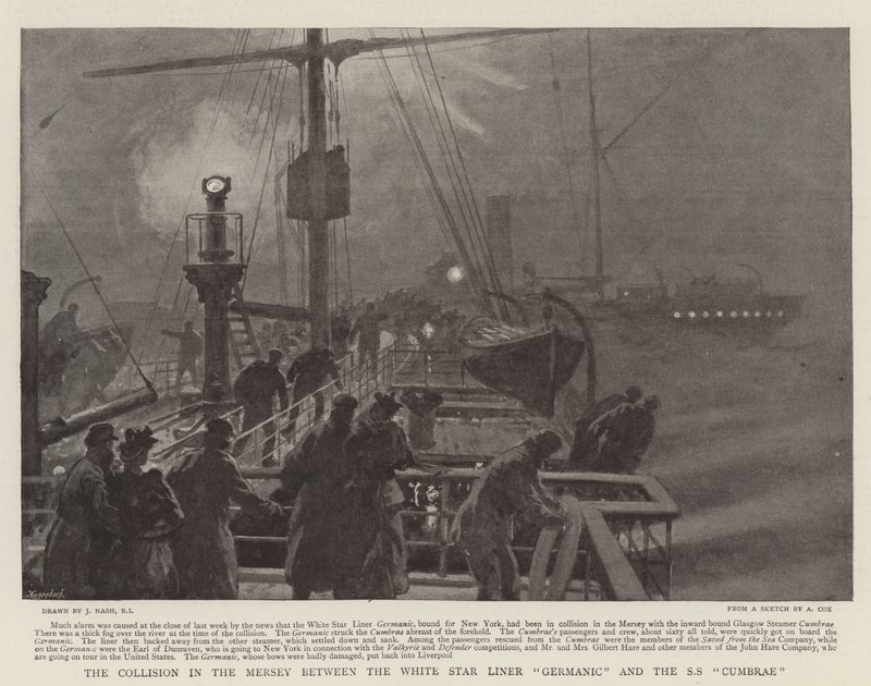 La collisione nel Mersey tra il transatlantico White Star Germanic e la SS Cumbrae da Joseph Nash