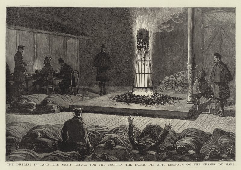 La miseria a Parigi, il rifugio notturno per i poveri nel Palais des Arts Liberaux sugli Champs de Mars da Joseph Nash