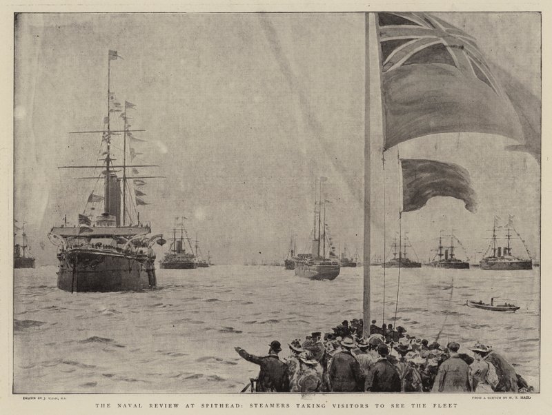 La rivista navale a Spithead, navi a vapore che portano visitatori a vedere la flotta da Joseph Nash