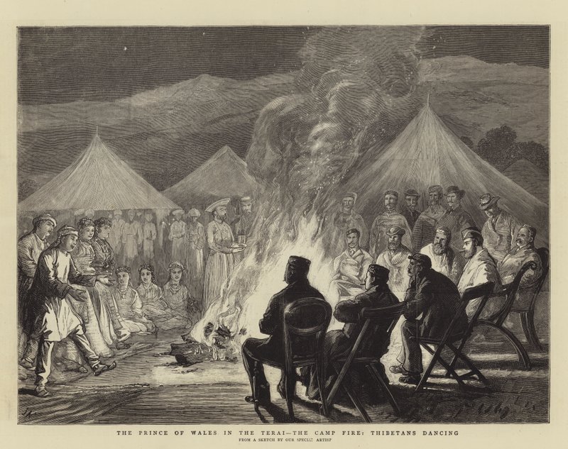 Il Principe di Galles nel Terai, il fuoco del campo, tibetani che danzano da Joseph Nash