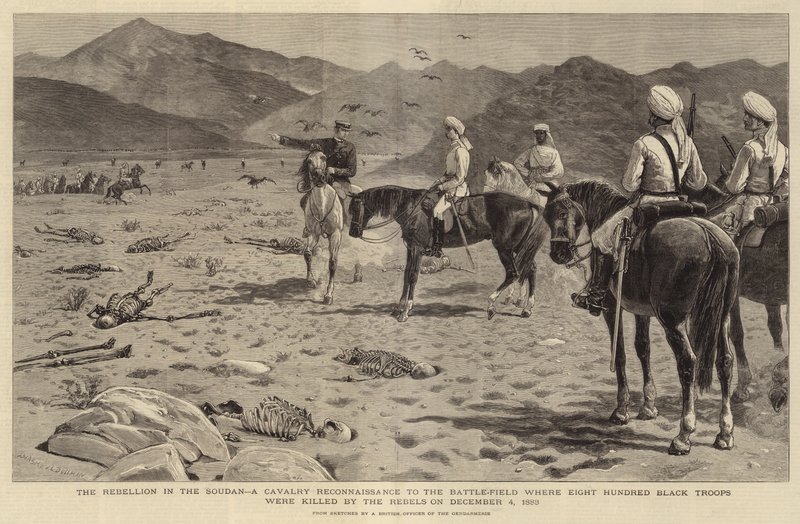 La ribellione in Sudan, una ricognizione di cavalleria sul campo di battaglia dove ottocento truppe nere furono uccise dai ribelli il 4 dicembre 1883 da Joseph Nash