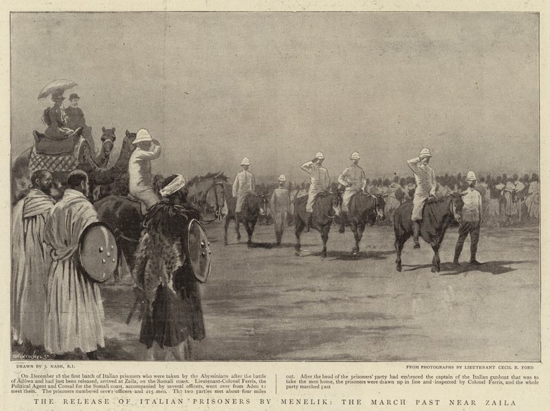 Il rilascio dei prigionieri italiani da parte di Menelik, la parata vicino a Zaila da Joseph Nash