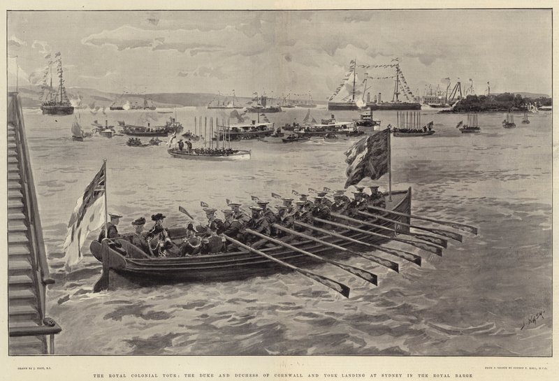 Il tour coloniale reale, il Duca e la Duchessa di Cornovaglia e York sbarcano a Sydney sulla barca reale da Joseph Nash