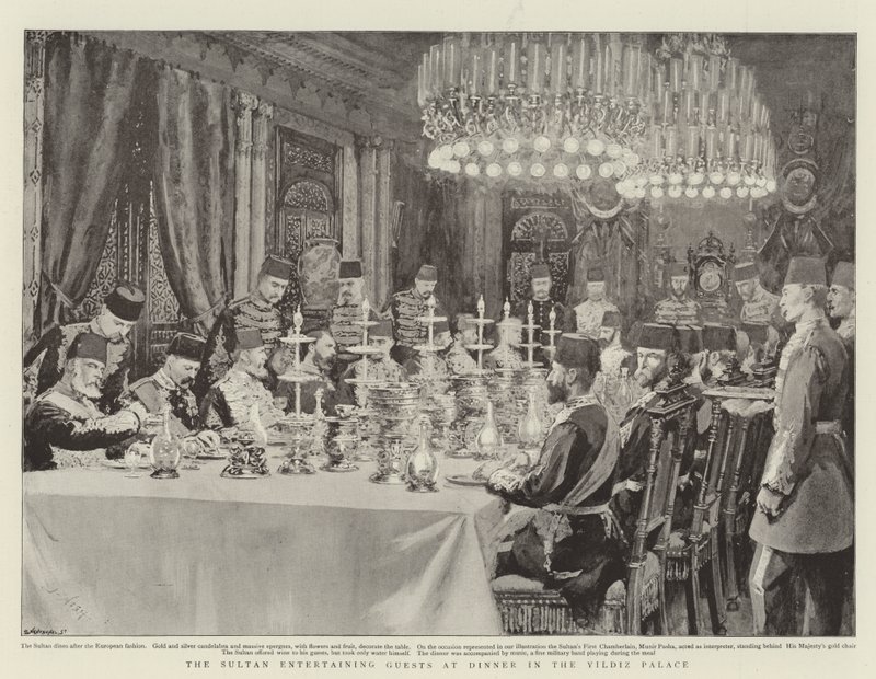 Il sultano che intrattiene gli ospiti a cena nel Palazzo Yildiz da Joseph Nash