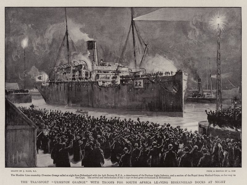 Il trasporto Urmston Grange con truppe per il Sudafrica che lascia i moli di Birkenhead di notte da Joseph Nash