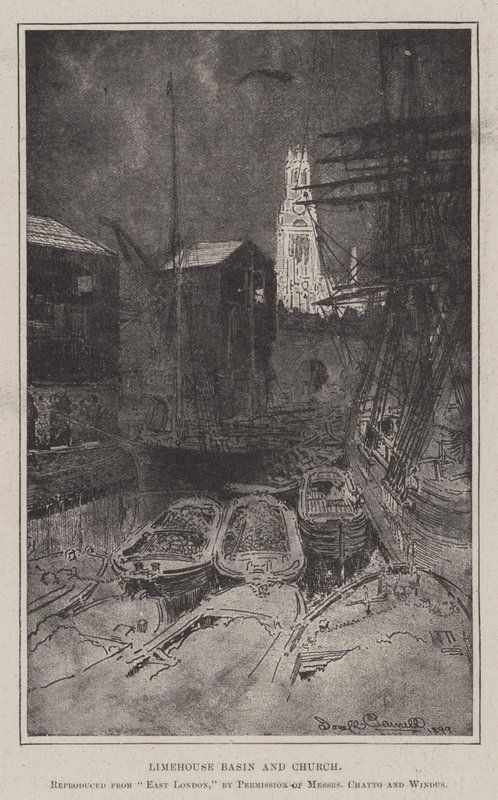 Bacino e chiesa di Limehouse da Joseph Pennell