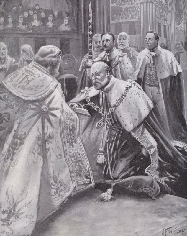 Re Edoardo VII che presta giuramento alla sua incoronazione, Abbazia di Westminster, Londra da Joseph (after) Finnemore