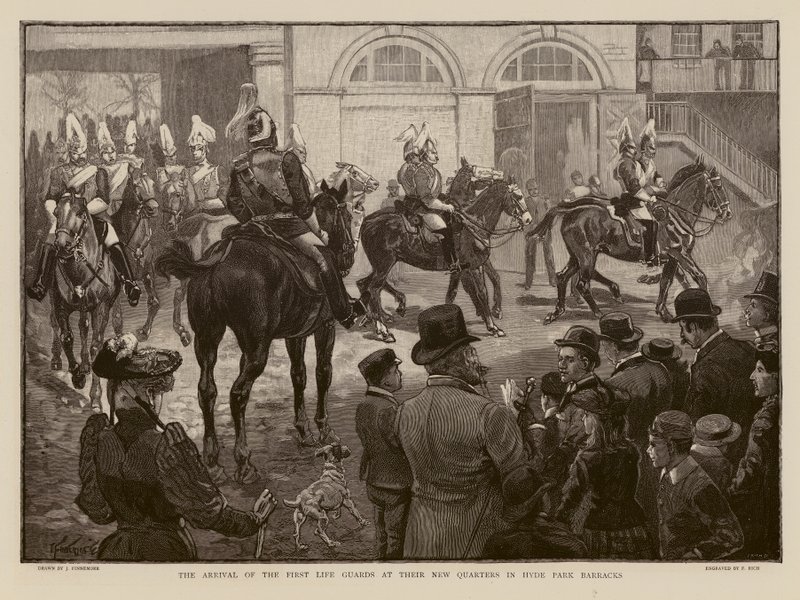 Guardie a cavallo che arrivano alla loro nuova caserma a Hyde Park, Londra da Joseph (after) Finnemore