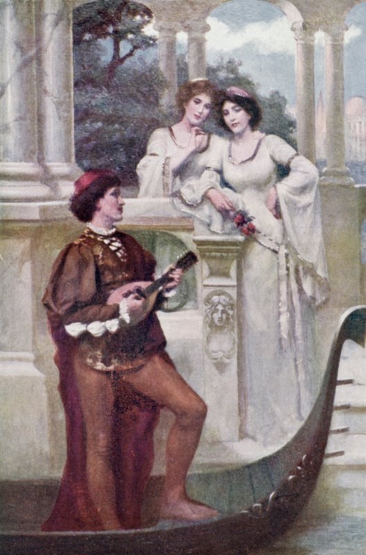 Giovane che suona musica a due damigelle (litografia a colori) da Joseph (after) Finnemore