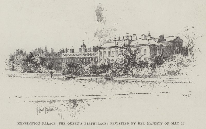 Palazzo di Kensington, luogo di nascita della Regina, rivisitato da Sua Maestà il 15 maggio da Joseph Holland Tringham