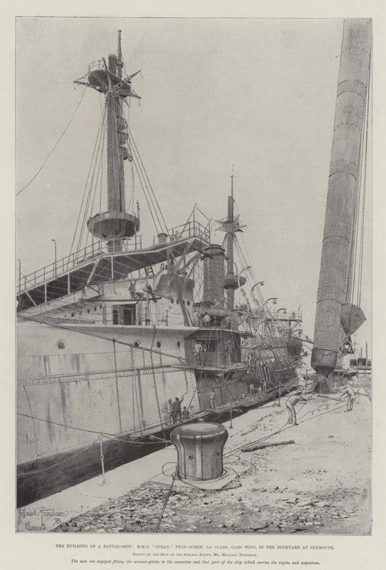 La costruzione di una nave da battaglia, HMS Ocean, Twin-Screw, 1a classe, 12.950 tonnellate, nel cantiere navale di Plymouth da Joseph Holland Tringham