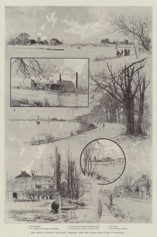 La prossima gara di canottaggio universitaria, schizzi lungo il percorso da Putney a Mortlake da Joseph Holland Tringham