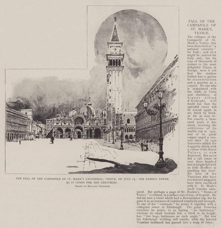 La caduta del Campanile della Cattedrale di San Marco, Venezia, il 14 luglio, la famosa torre come è stata per dieci secoli da Joseph Holland Tringham