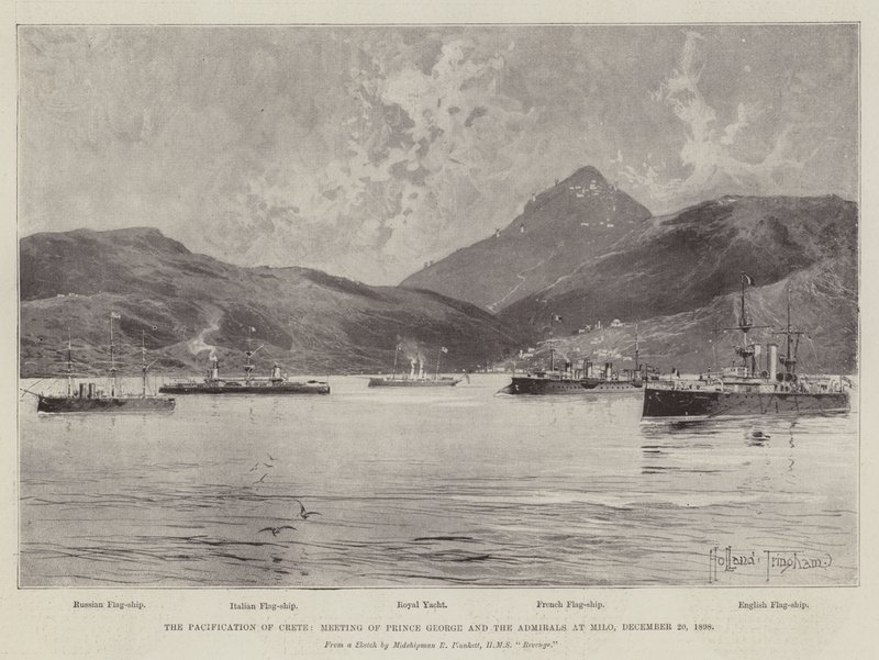 La pacificazione di Creta, incontro del principe Giorgio e degli ammiragli a Milo, 20 dicembre 1898 da Joseph Holland Tringham