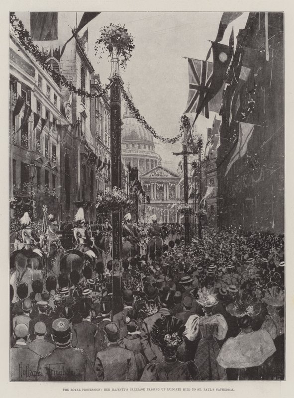 La processione reale, la carrozza di Sua Maestà che passa su Ludgate Hill verso la Cattedrale di San Paolo da Joseph Holland Tringham