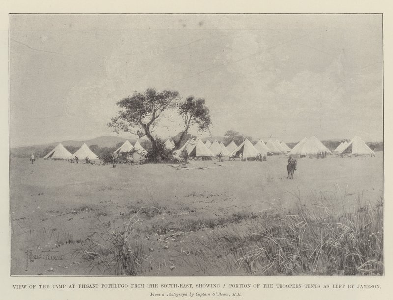 Vista del campo a Pitsani Pothlugo da sud-est, mostrando una parte delle tende dei soldati lasciate da Jameson da Joseph Holland Tringham